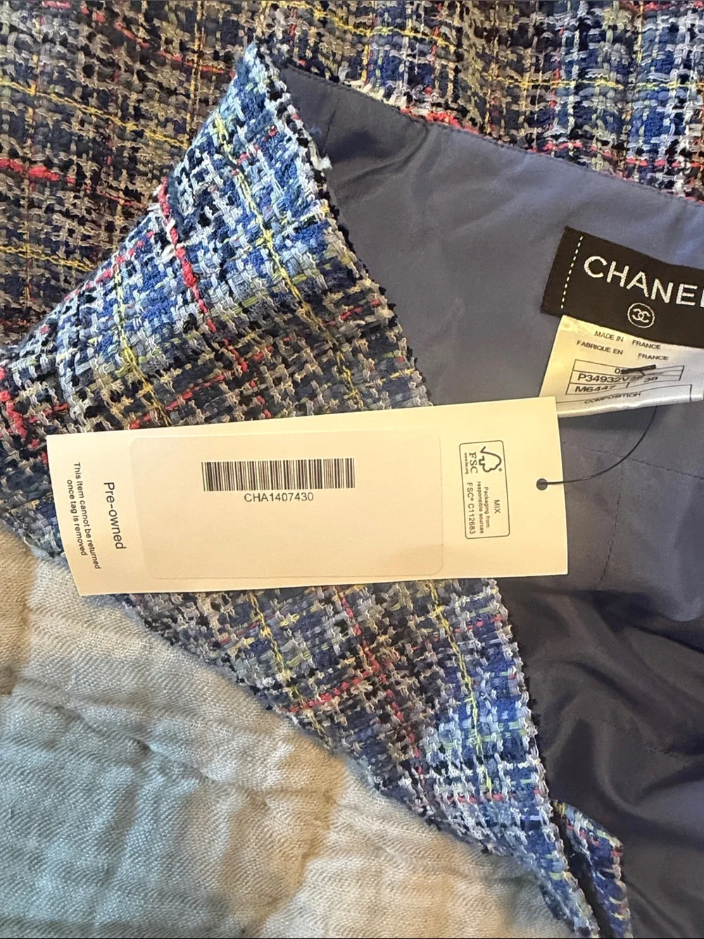 CHANEL Blue Multicolor Tweed Pencil Skirt with Fringed Trim
